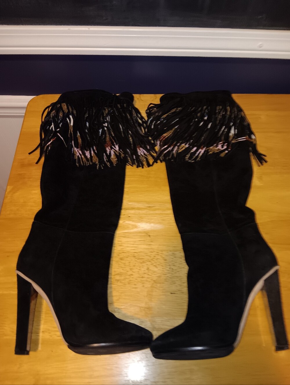 Jimmy Choo Rare Black Suede Fringe Beaded Knee Boots Size 38